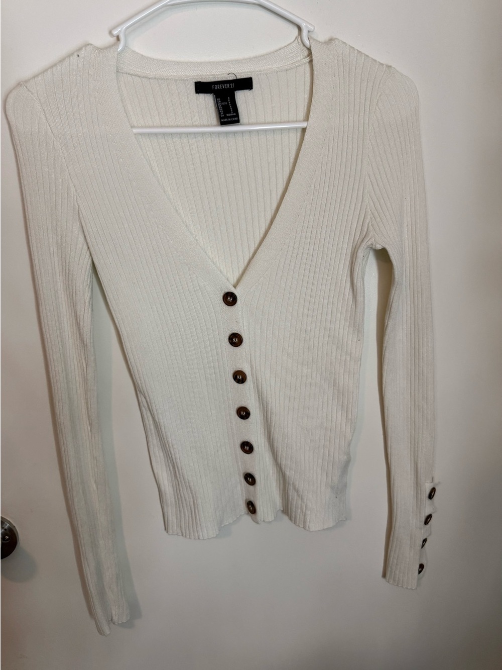 Forever 21 Ivory Ribbed Button-Front V-Neck Cardigan
